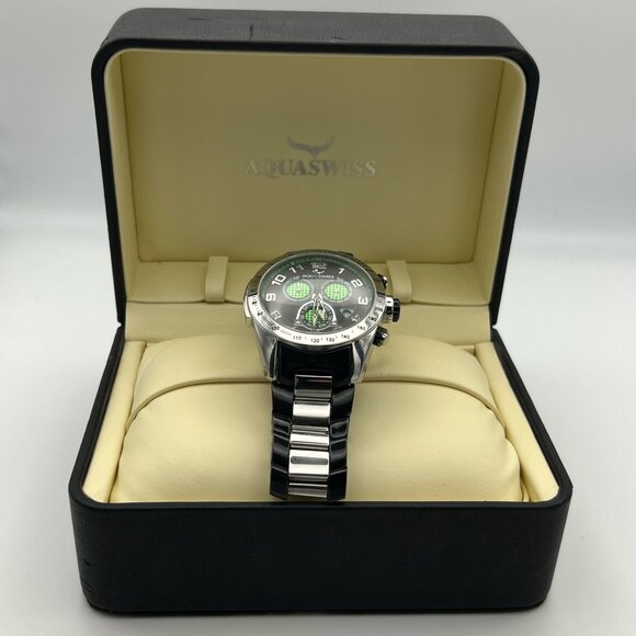 AquaSwiss Chronograph Green Black Mens Watch Working - Picture 1 of 12